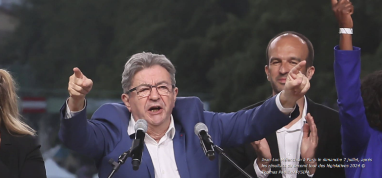 Jean-Luc Mélenchon à Paris le dimanche 7 juillet, après les résultats du second tour des législatives 2024 © Thomas PadillaAP_SIPA